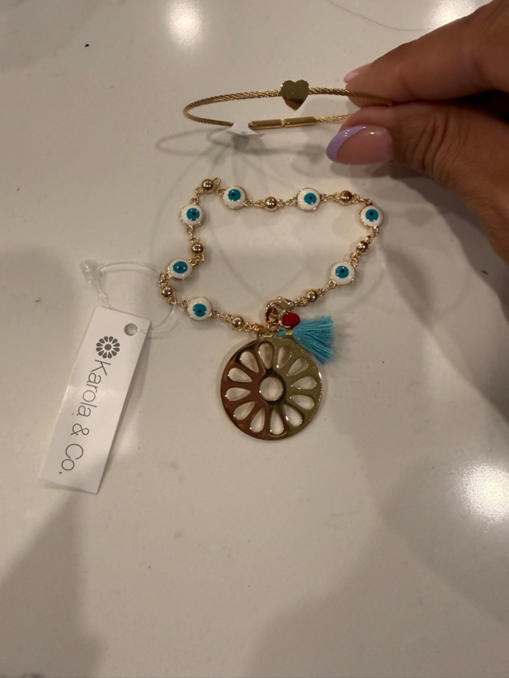 Gold Bracelet with Turquoise Evil Eye Accents